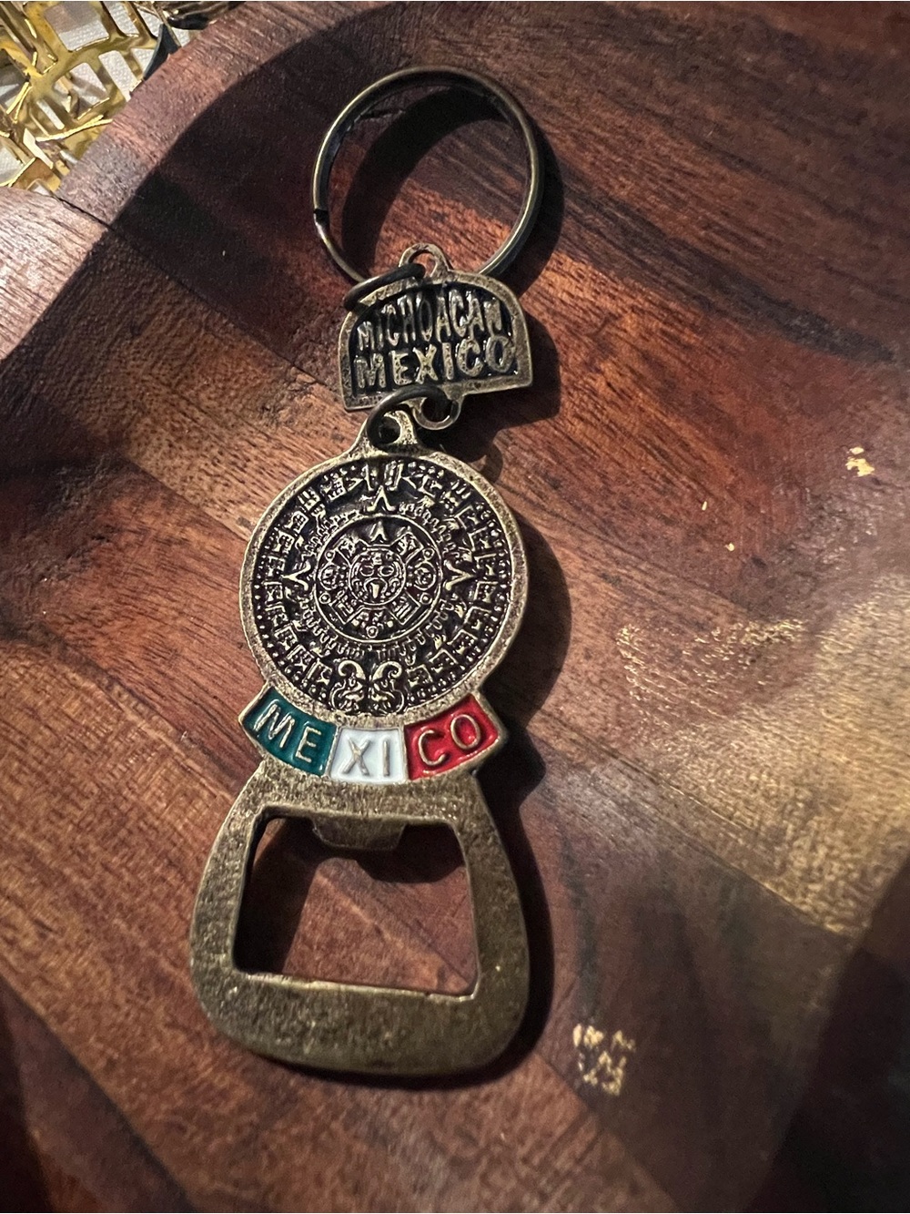 Michoacán Mexico Aztec Calendar Bottle Opener Keychain - Brass Tone